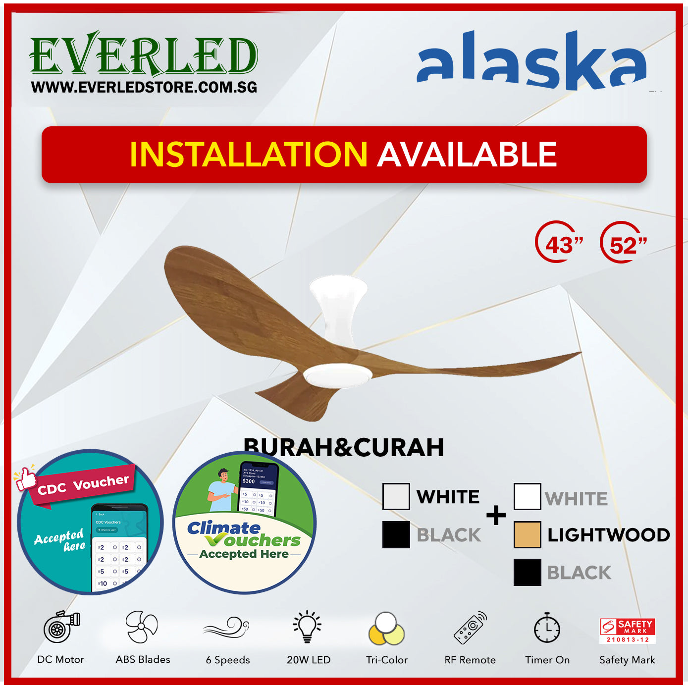 *STANDARD INSTALLATION* *ASK FOR BEST PRICE* Alaska SMART DC Cura / Curah 52" (Inverter DC Fan) with Samsung dimmable light kit *CDC & Climate Voucher Accepted In Showroom*