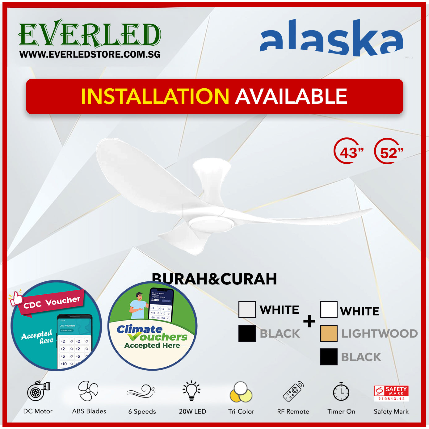 *STANDARD INSTALLATION* *ASK FOR BEST PRICE* Alaska SMART DC Cura / Curah 52" (Inverter DC Fan) with Samsung dimmable light kit *CDC & Climate Voucher Accepted In Showroom*