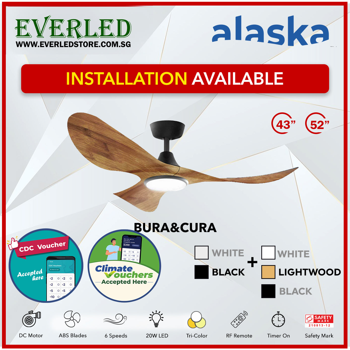 *STANDARD INSTALLATION* *ASK FOR BEST PRICE* Alaska SMART DC Cura / Curah 52" (Inverter DC Fan) with Samsung dimmable light kit *CDC & Climate Voucher Accepted In Showroom*