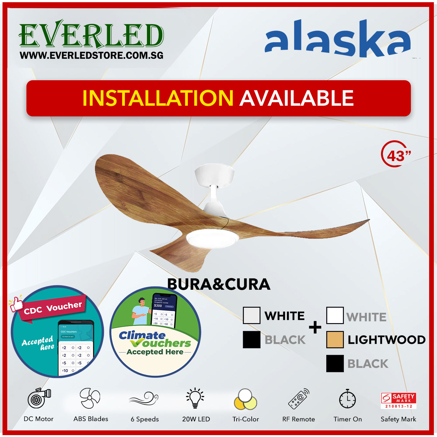 *STANDARD INSTALLATION* *ASK FOR BEST PRICE* Alaska SMART DC Cura / Curah 52" (Inverter DC Fan) with Samsung dimmable light kit *CDC & Climate Voucher Accepted In Showroom*