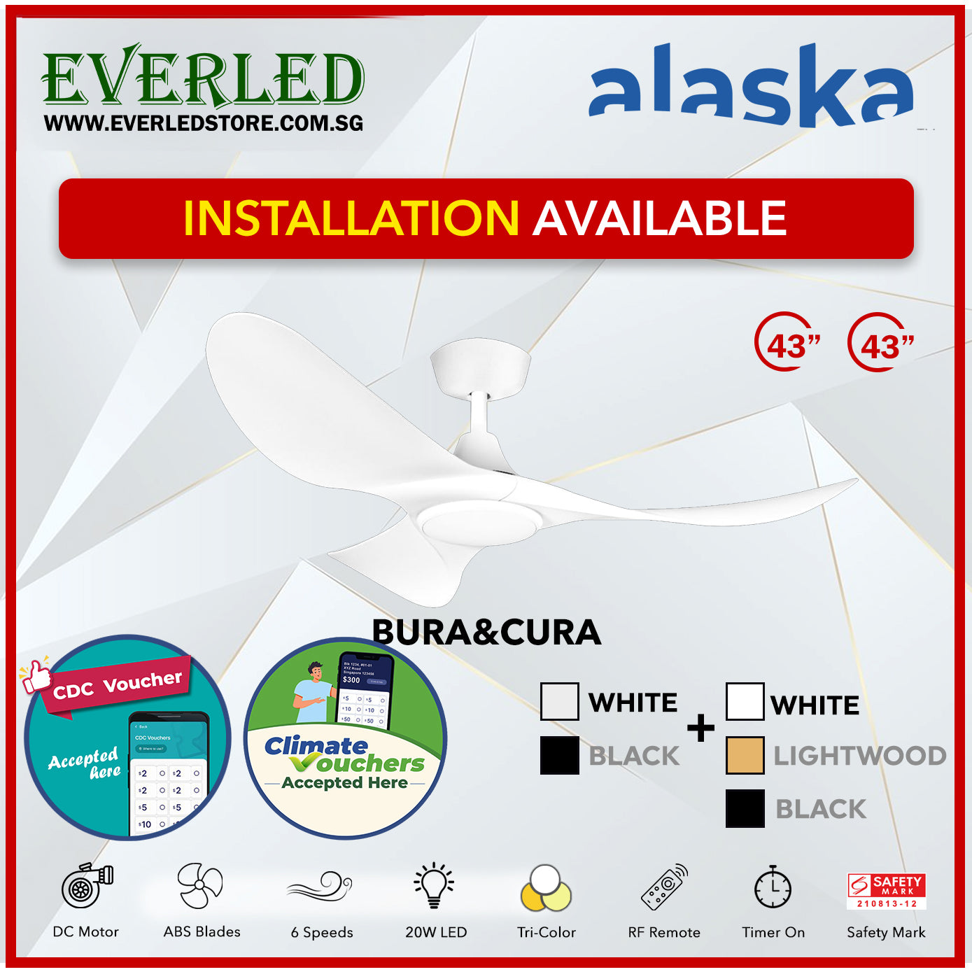 *STANDARD INSTALLATION* *ASK FOR BEST PRICE* Alaska SMART DC Cura / Curah 52" (Inverter DC Fan) with Samsung dimmable light kit *CDC & Climate Voucher Accepted In Showroom*