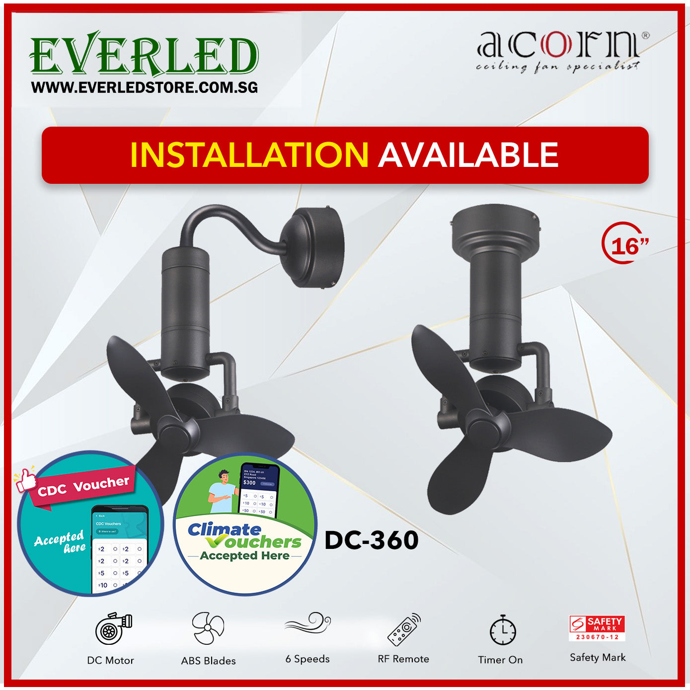 *SMART* Acorn DC-360 16" (Corner Fan - Inverter DC Fan) *CDC & Climate Voucher Accepted In Showroom*