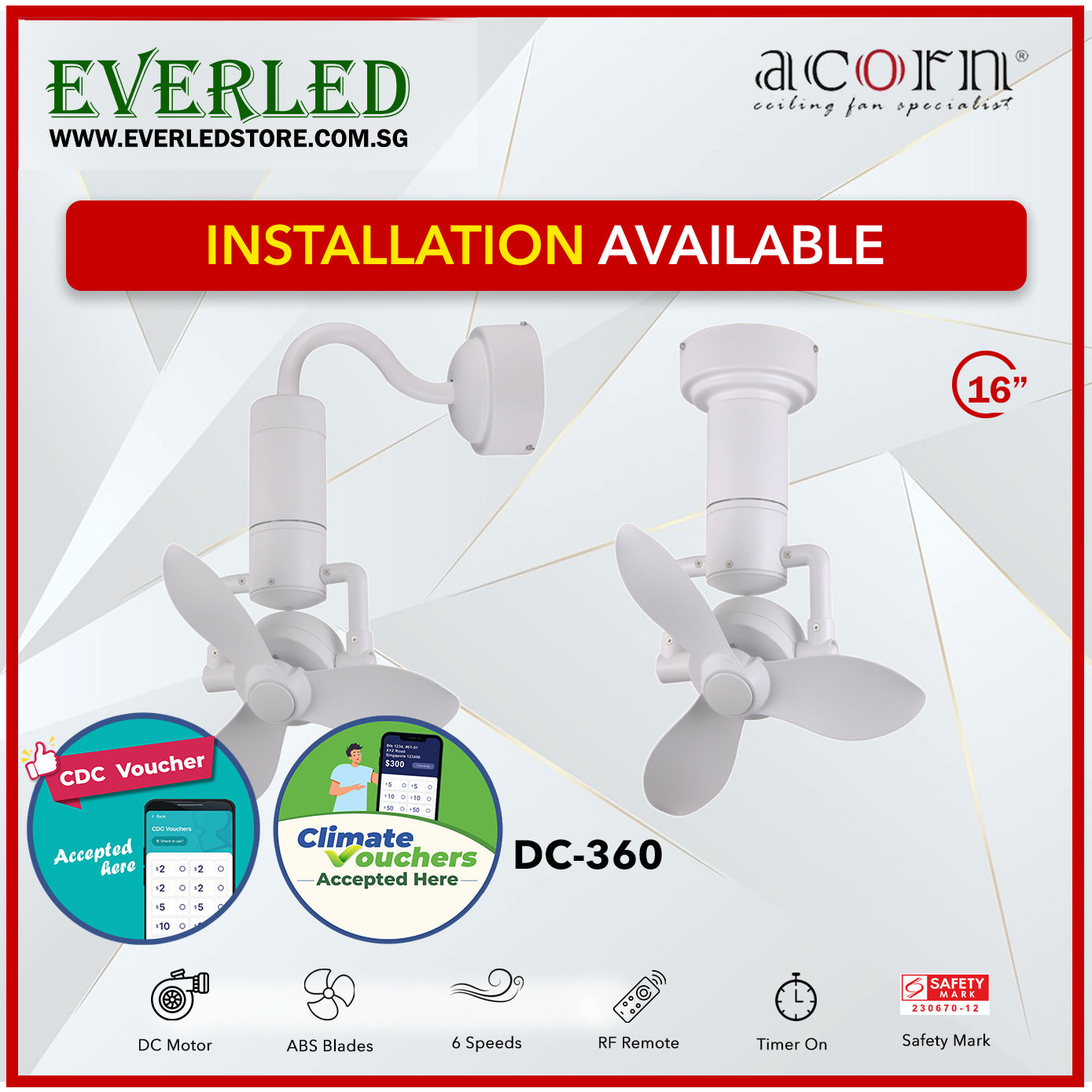 *SMART* Acorn DC-360 16" (Corner Fan - Inverter DC Fan) *CDC & Climate Voucher Accepted In Showroom*