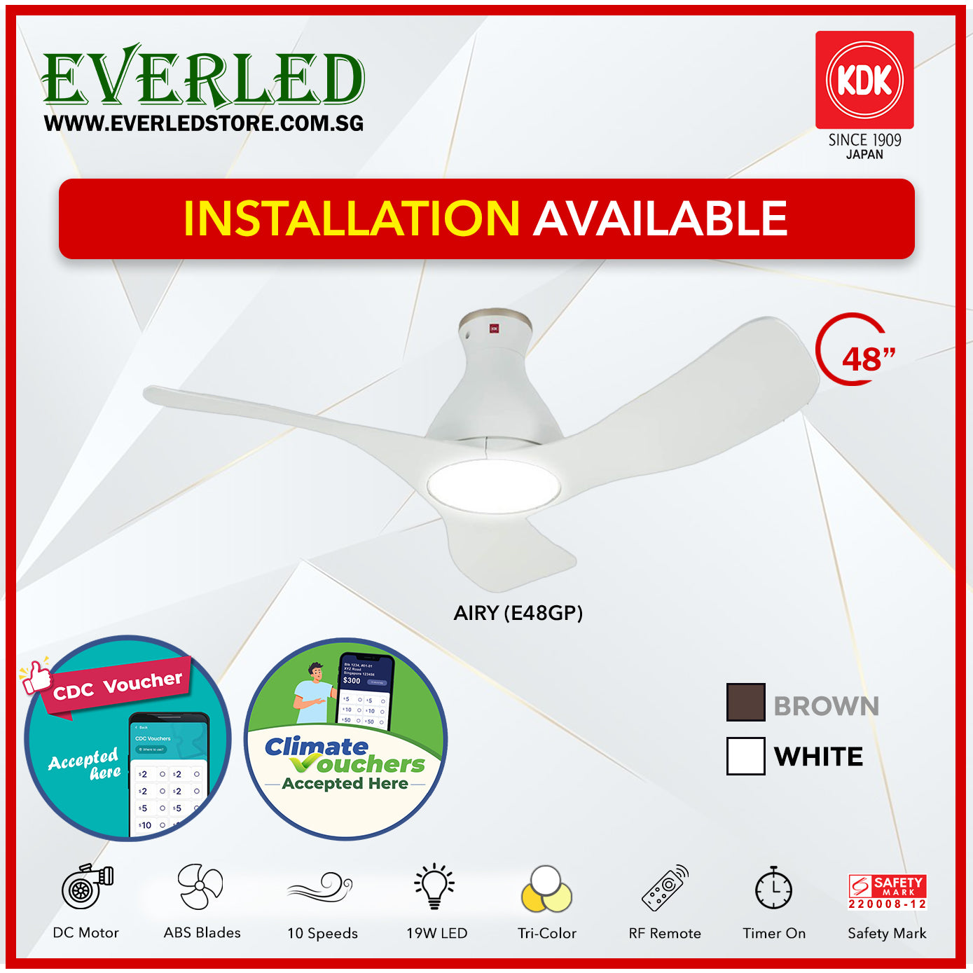 *Free Standard Installation* KDK Airy E48GP (3 Blades 48" with Wi-Fi and App Control) *CDC & Climate Voucher Accepted In Showroom*
