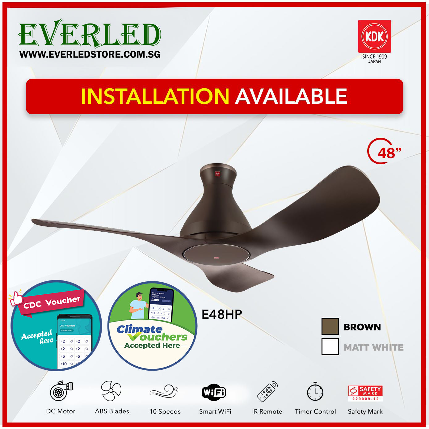 *Free Standard Installation* KDK Airy E48HP(No LED)(3 Blades 48" with Wi-Fi and App Control) *CDC & Climate Voucher Accepted In Showroom*