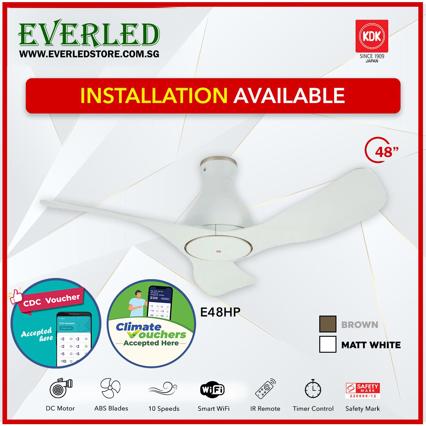 *Free Standard Installation* KDK Airy E48HP(No LED)(3 Blades 48" with Wi-Fi and App Control) *CDC & Climate Voucher Accepted In Showroom*