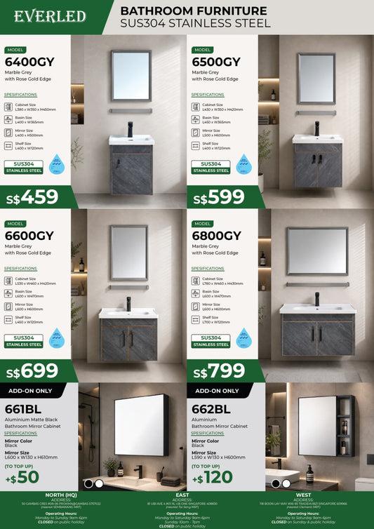 *(Vanity Cabinet)* Everled 6400GY / 6500GY / 6600GY / 6800GY - FREE DELIVERY