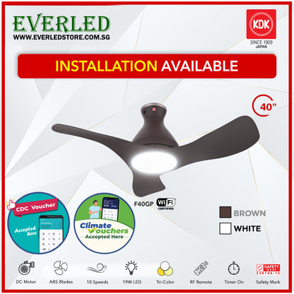 *FREE STANDARD INSTALLATION* KDK Airy F40GP (with LED)(3 Blades 40" with Wi-Fi and App Control) *CDC & Climate Voucher Accepted In Showroom*