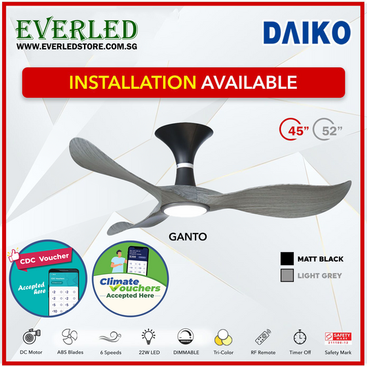 *FREE STANDARD INSTALLATION* Daiko DC Ganto 45"/52" with Dimmable Tri-color LED (Inverter DC Fan) *CDC & Climate Voucher Accepted In Showroom*