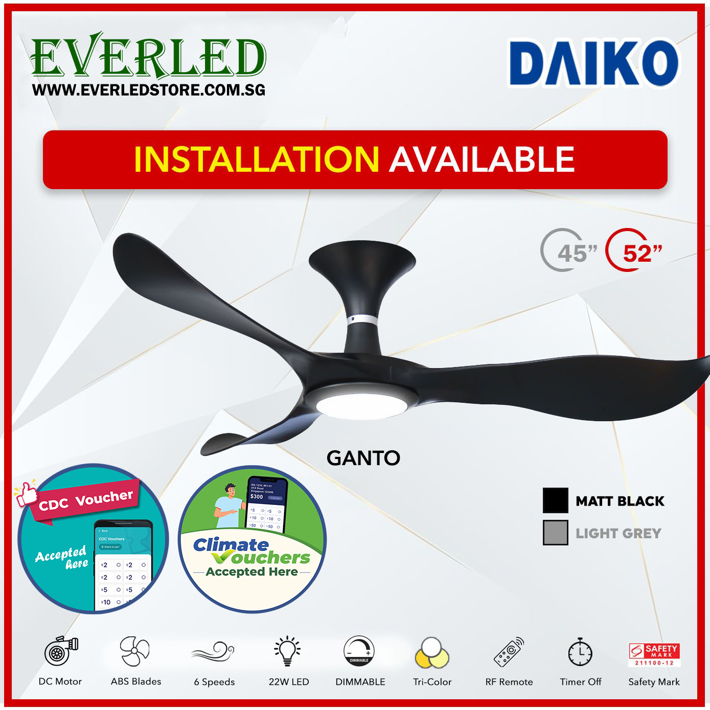 *FREE STANDARD INSTALLATION* Daiko DC Ganto 45"/52" with Dimmable Tri-color LED (Inverter DC Fan) *CDC & Climate Voucher Accepted In Showroom*