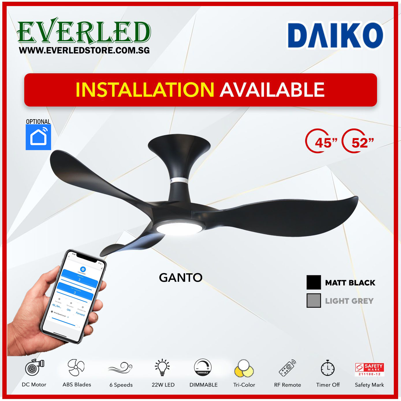 *FREE STANDARD INSTALLATION* Daiko DC Ganto 45"/52" with Dimmable Tri-color LED (Inverter DC Fan) *CDC & Climate Voucher Accepted In Showroom*