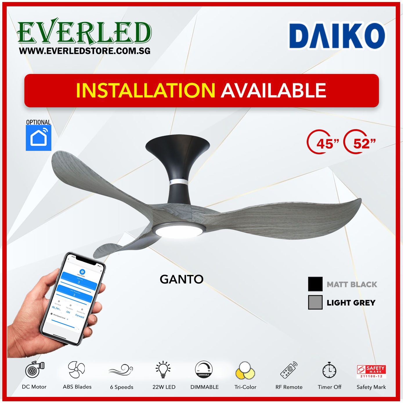 *FREE STANDARD INSTALLATION* Daiko DC Ganto 45"/52" with Dimmable Tri-color LED (Inverter DC Fan) *CDC & Climate Voucher Accepted In Showroom*
