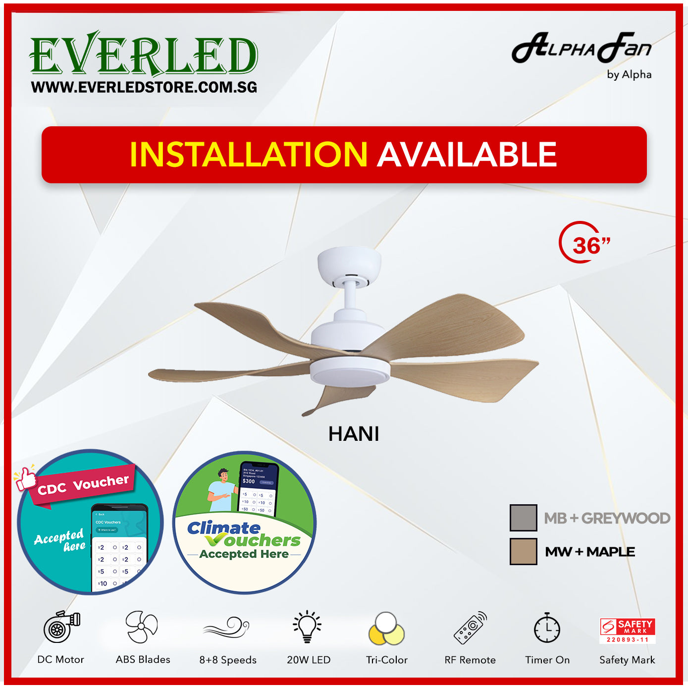*STANDARD INSTALLATION* Alpha DC Hani 36" with Tri-colour LED (Inverter DC fan) *CDC & Climate Voucher Accepted In Showroom*
