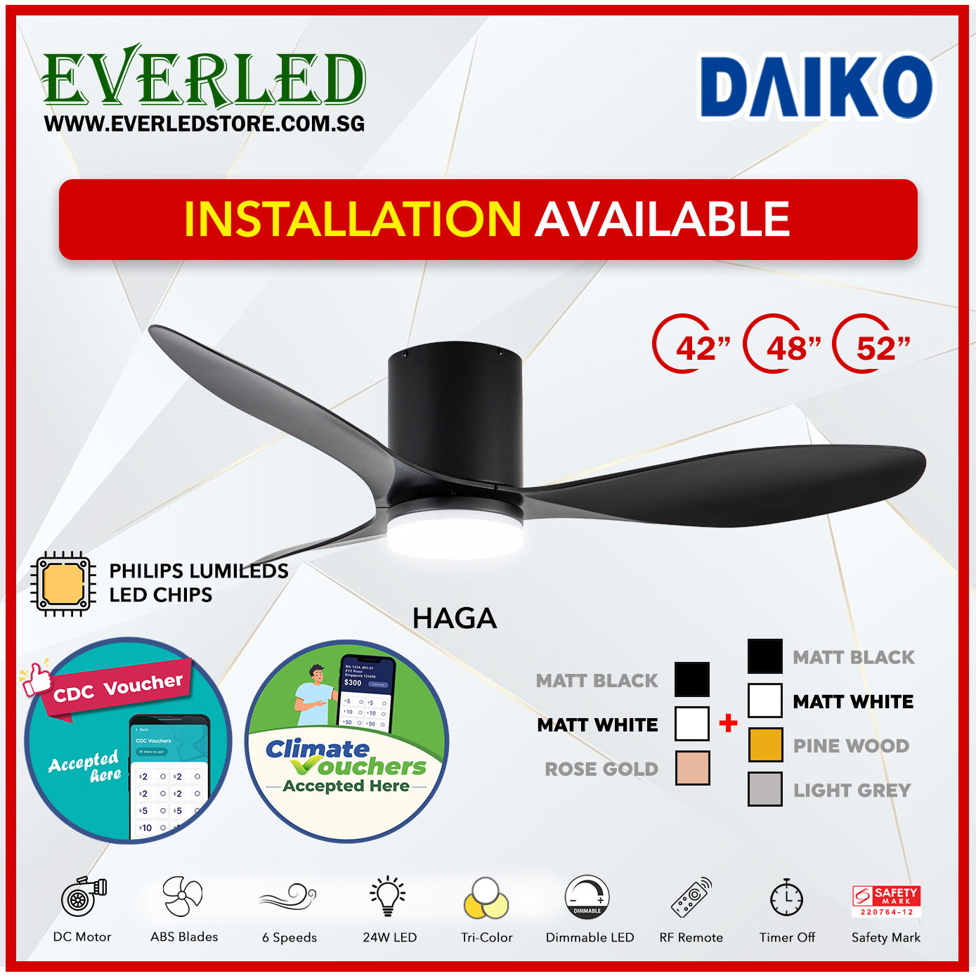 *FREE INSTALLATION* Daiko DC Haga Pro 42"/48"/52"  with Tri-color LED (Inverter DC Fan) *CDC & Climate Voucher Accepted In Showroom*