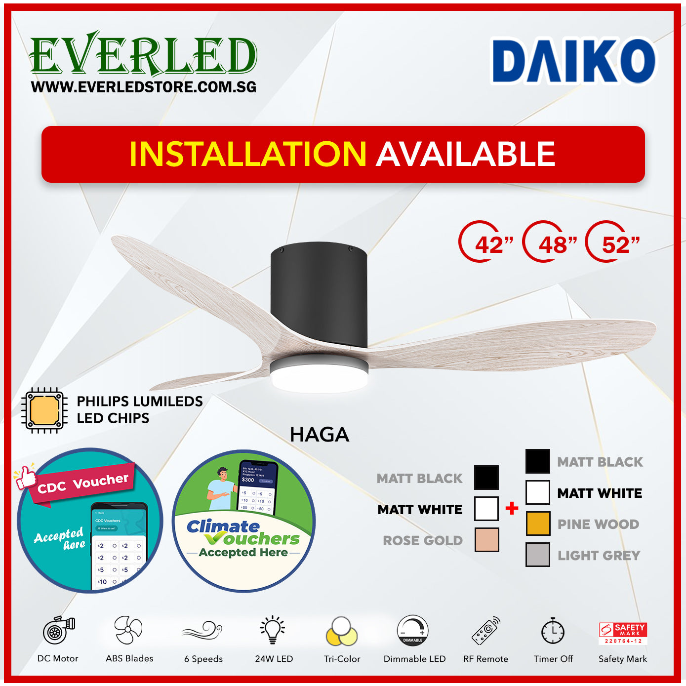 *FREE INSTALLATION* Daiko DC Haga Pro 42"/48"/52"  with Tri-color LED (Inverter DC Fan) *CDC & Climate Voucher Accepted In Showroom*