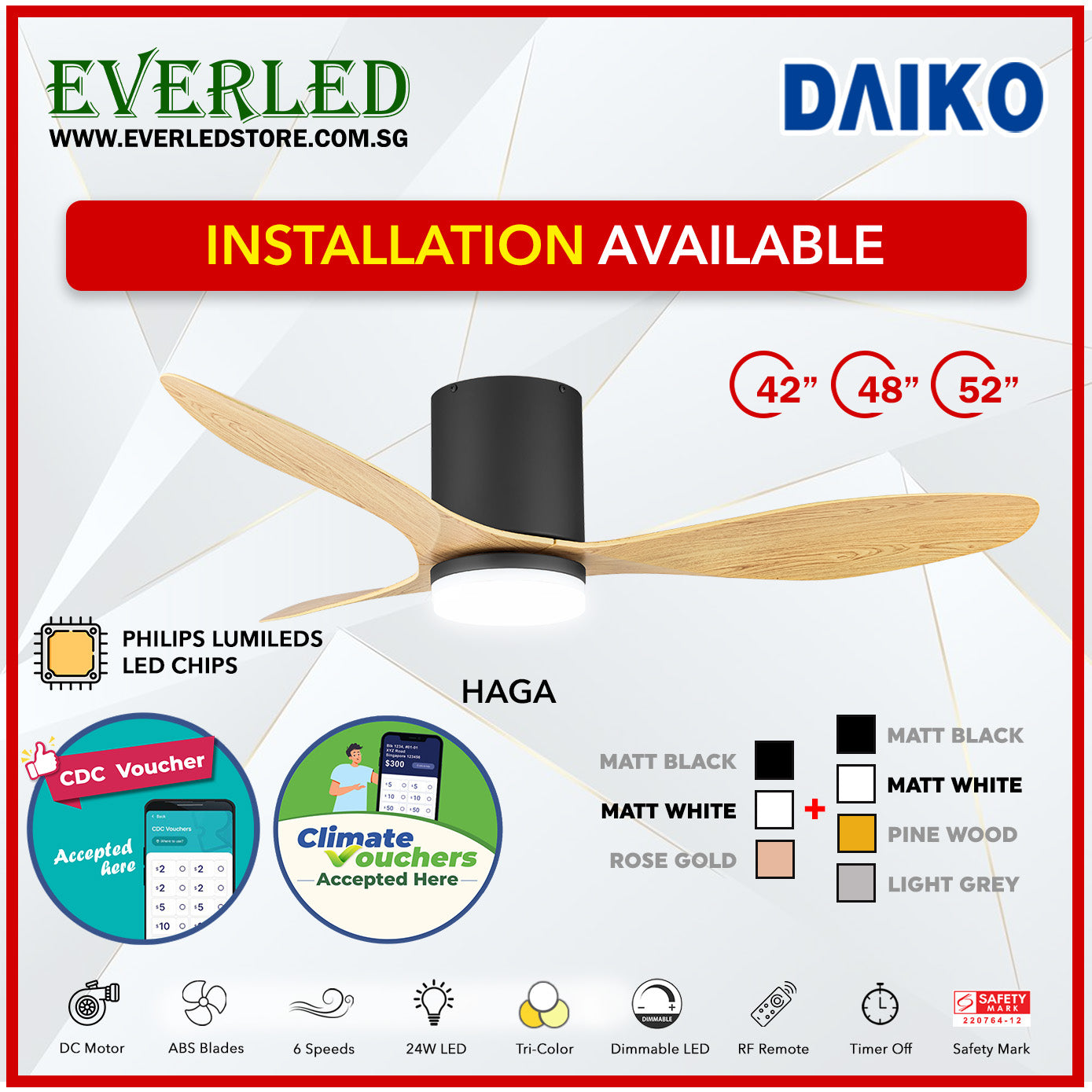 *FREE INSTALLATION* Daiko DC Haga Pro 42"/48"/52"  with Tri-color LED (Inverter DC Fan) *CDC & Climate Voucher Accepted In Showroom*