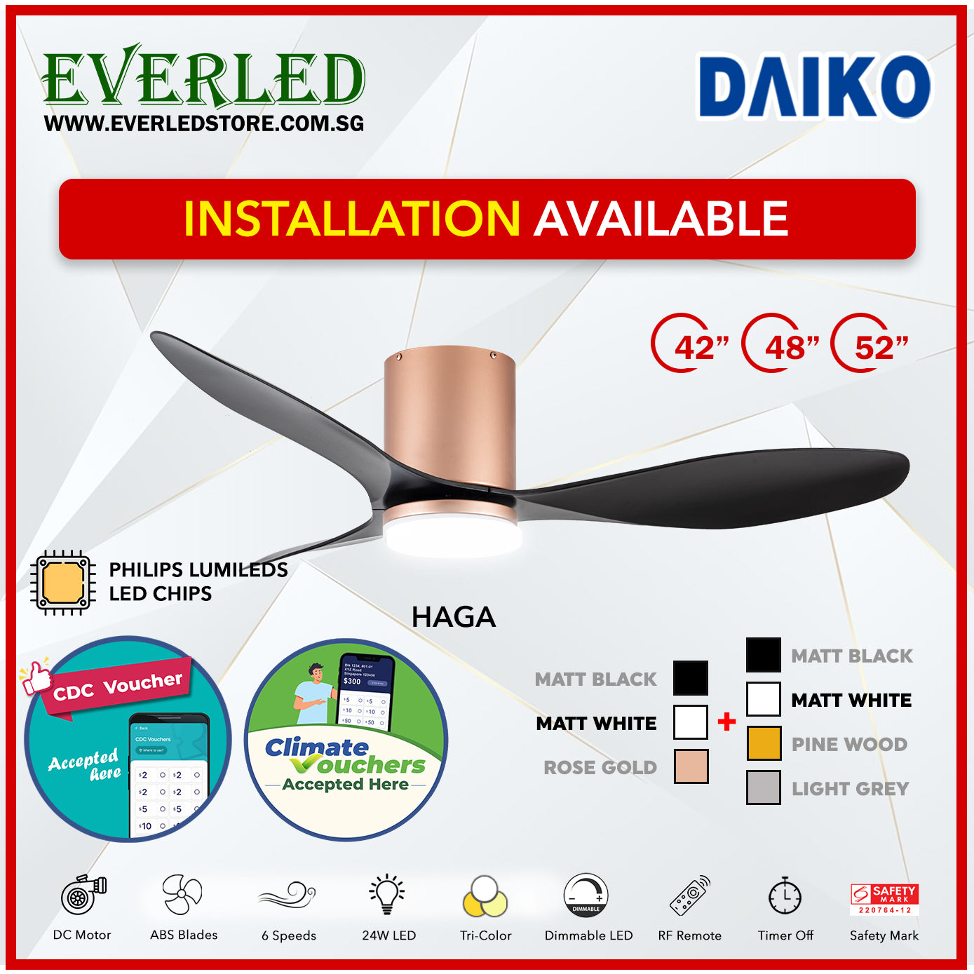 *FREE INSTALLATION* Daiko DC Haga Pro 42"/48"/52"  with Tri-color LED (Inverter DC Fan) *CDC & Climate Voucher Accepted In Showroom*