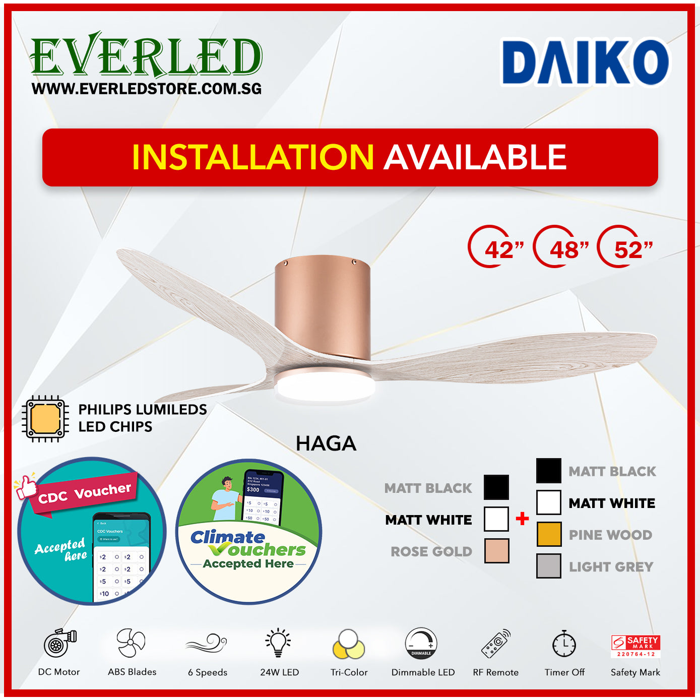 *FREE INSTALLATION* Daiko DC Haga Pro 42"/48"/52"  with Tri-color LED (Inverter DC Fan) *CDC & Climate Voucher Accepted In Showroom*