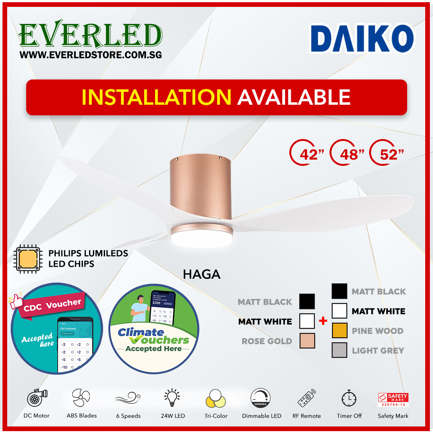 *FREE INSTALLATION* Daiko DC Haga Pro 42"/48"/52"  with Tri-color LED (Inverter DC Fan) *CDC & Climate Voucher Accepted In Showroom*