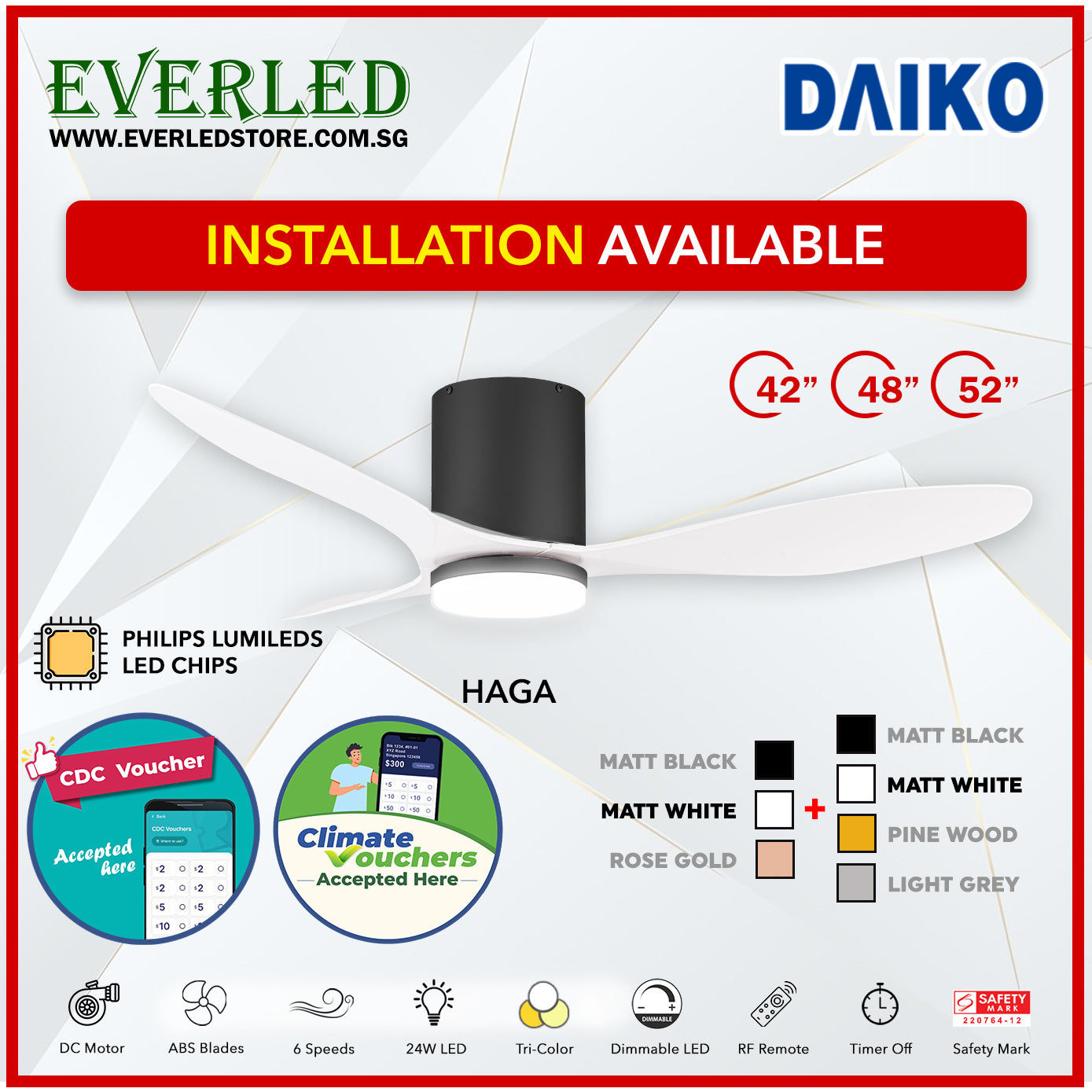 *FREE INSTALLATION* Daiko DC Haga Pro 42"/48"/52"  with Tri-color LED (Inverter DC Fan) *CDC & Climate Voucher Accepted In Showroom*