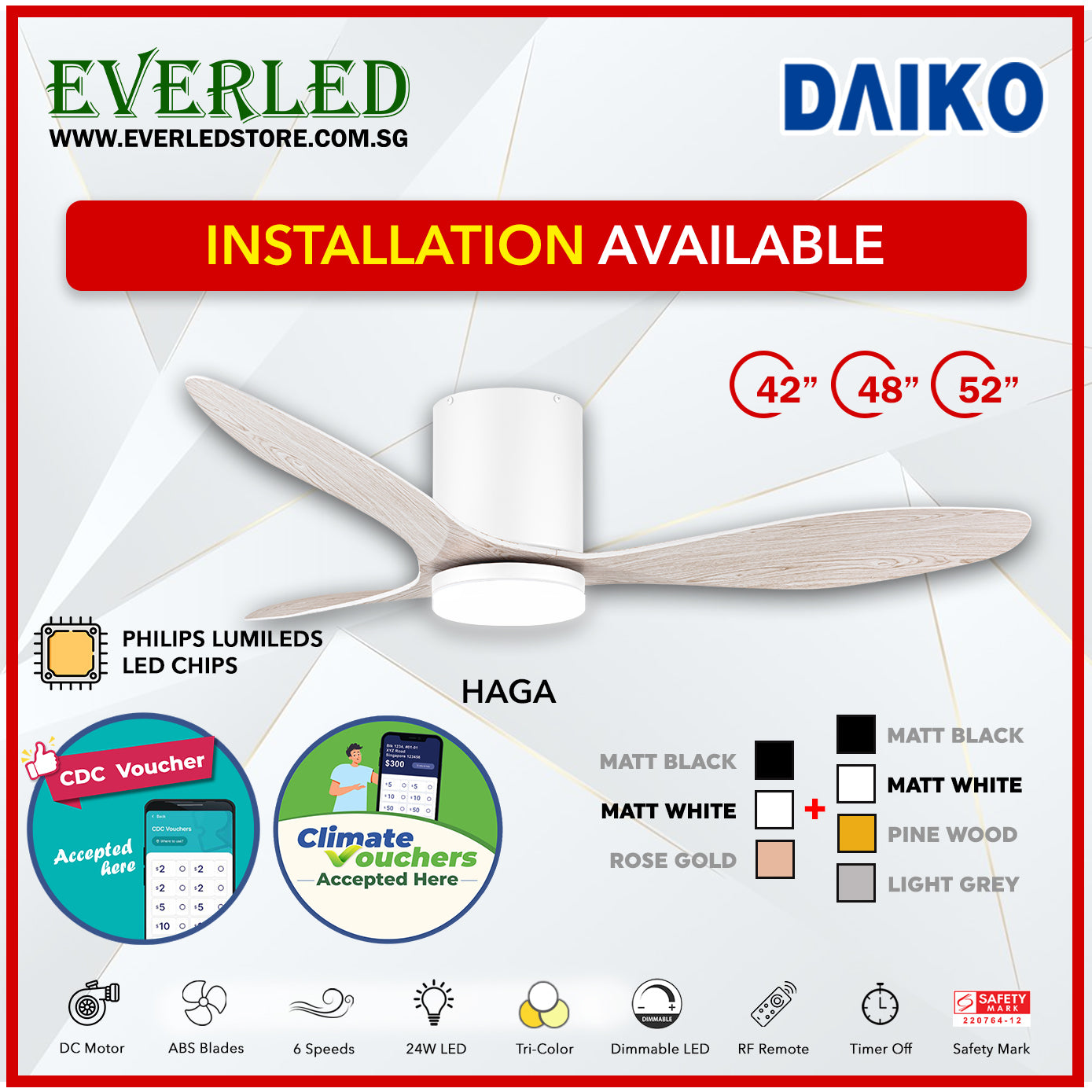 *FREE INSTALLATION* Daiko DC Haga Pro 42"/48"/52"  with Tri-color LED (Inverter DC Fan) *CDC & Climate Voucher Accepted In Showroom*
