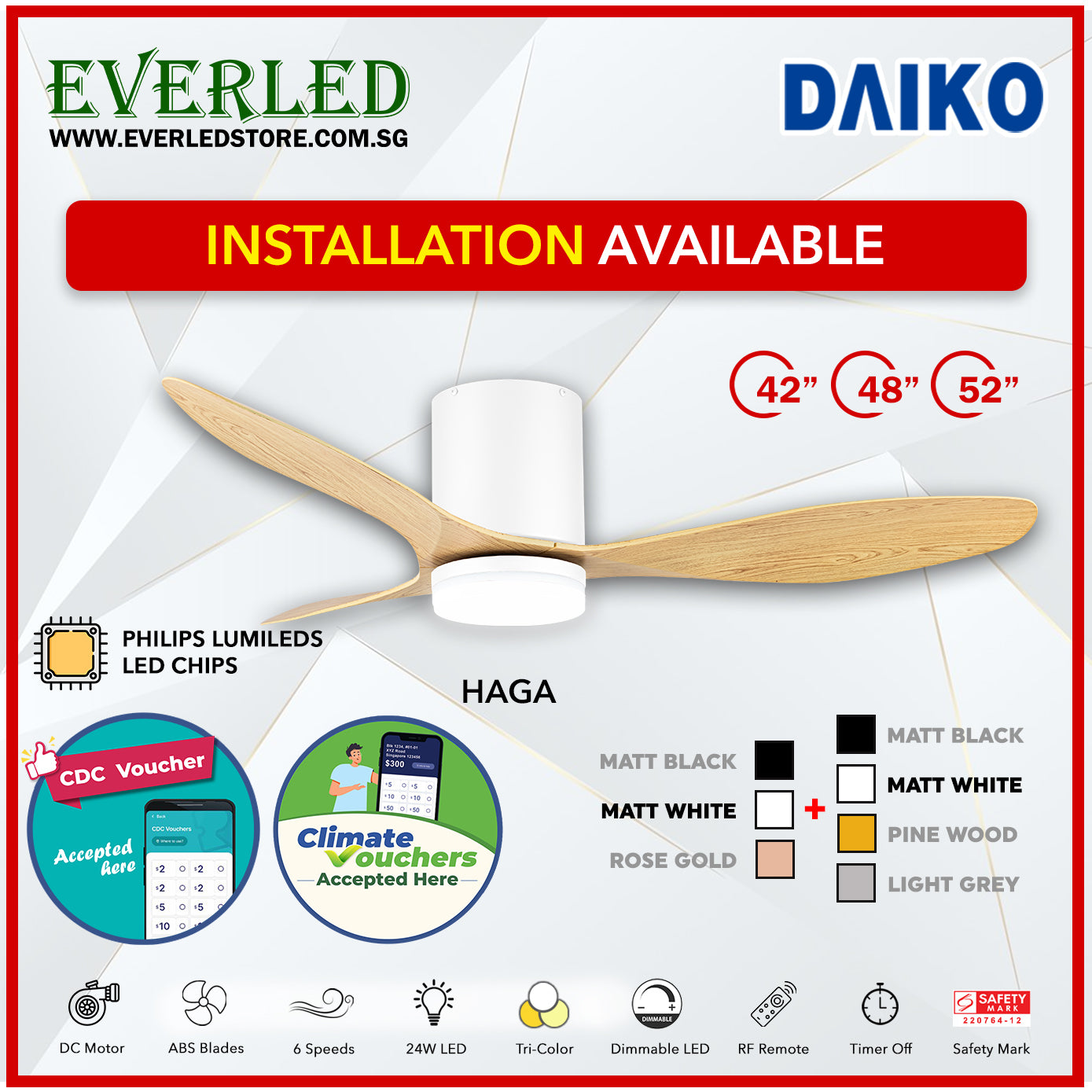 *FREE INSTALLATION* Daiko DC Haga Pro 42"/48"/52"  with Tri-color LED (Inverter DC Fan) *CDC & Climate Voucher Accepted In Showroom*