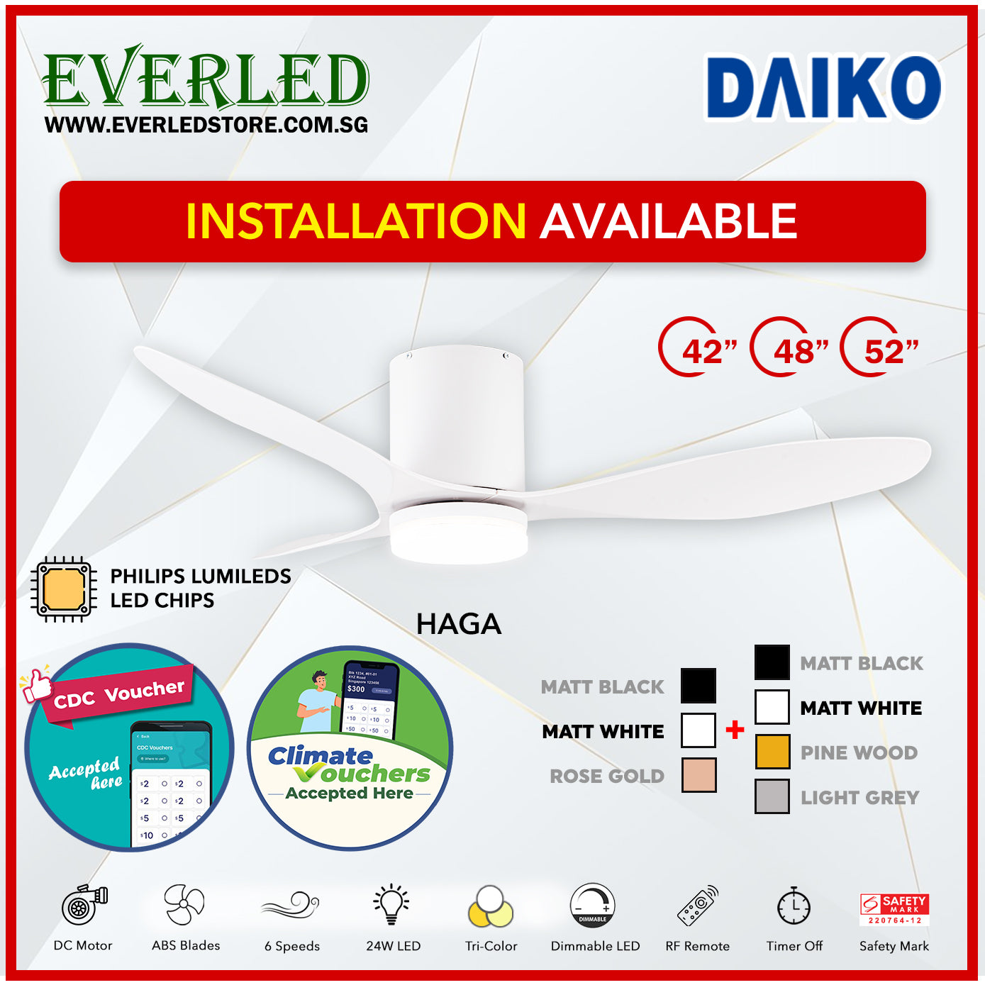 *FREE INSTALLATION* Daiko DC Haga Pro 42"/48"/52"  with Tri-color LED (Inverter DC Fan) *CDC & Climate Voucher Accepted In Showroom*