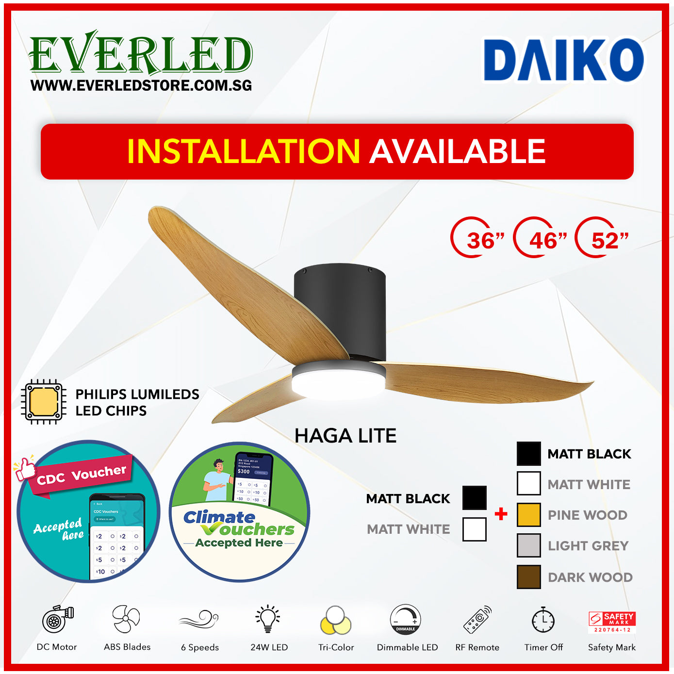 *FREE INSTALLATION*  Daiko DC Haga Lite 36"/46"/52" with Tri-color LED (Inverter DC Fan) *CDC & Climate Voucher Accepted In Showroom*
