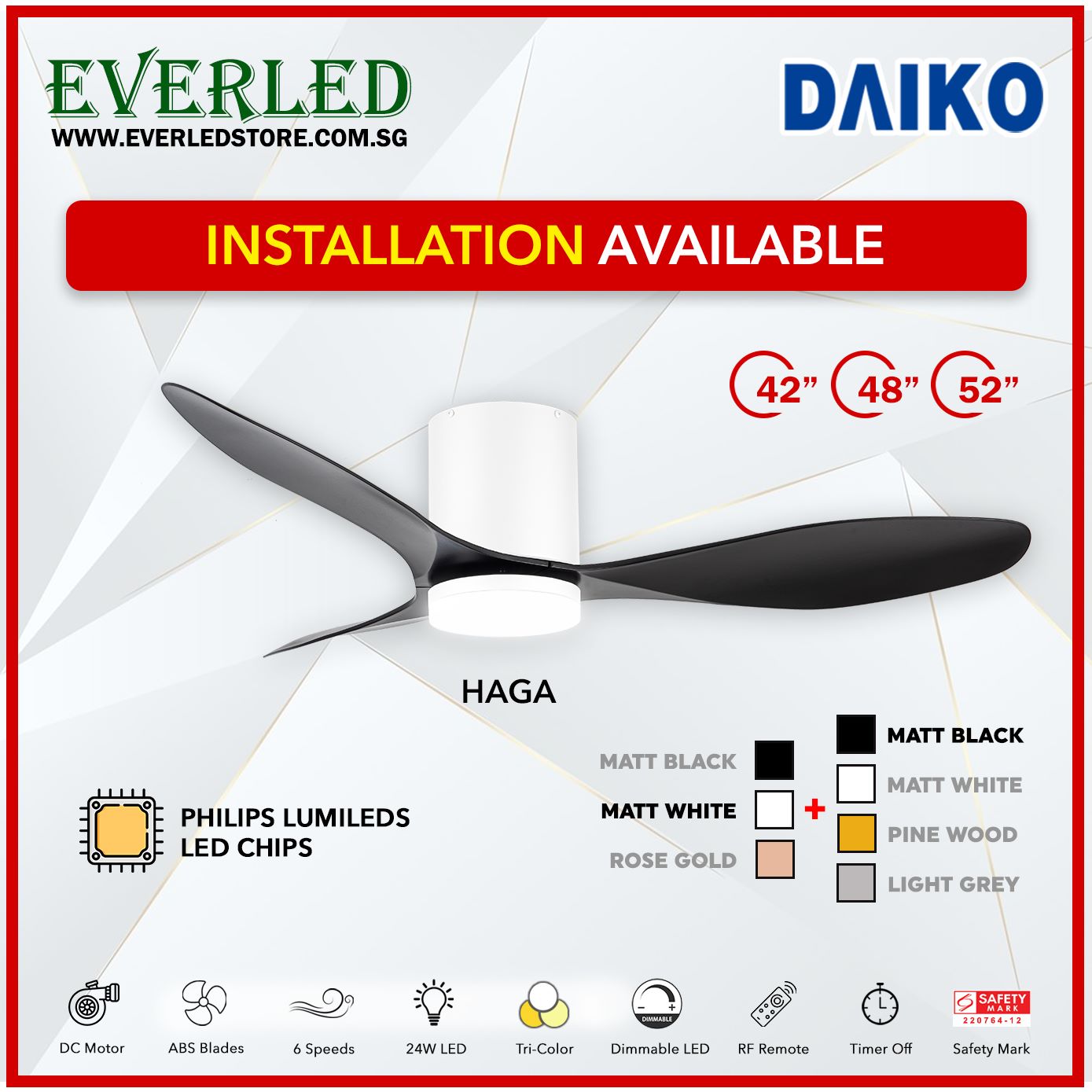 *FREE INSTALLATION* Daiko DC Haga Pro 42"/48"/52"  with Tri-color LED (Inverter DC Fan) *CDC & Climate Voucher Accepted In Showroom*