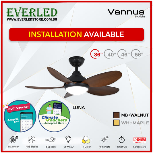 *STANDARD INSTALLATION* Alpha Fan DC Luna 36"/40"/ 46"/56" with Tri-colour LED (Inverter DC fan) *CDC & Climate Voucher Accpeted In Showroom*