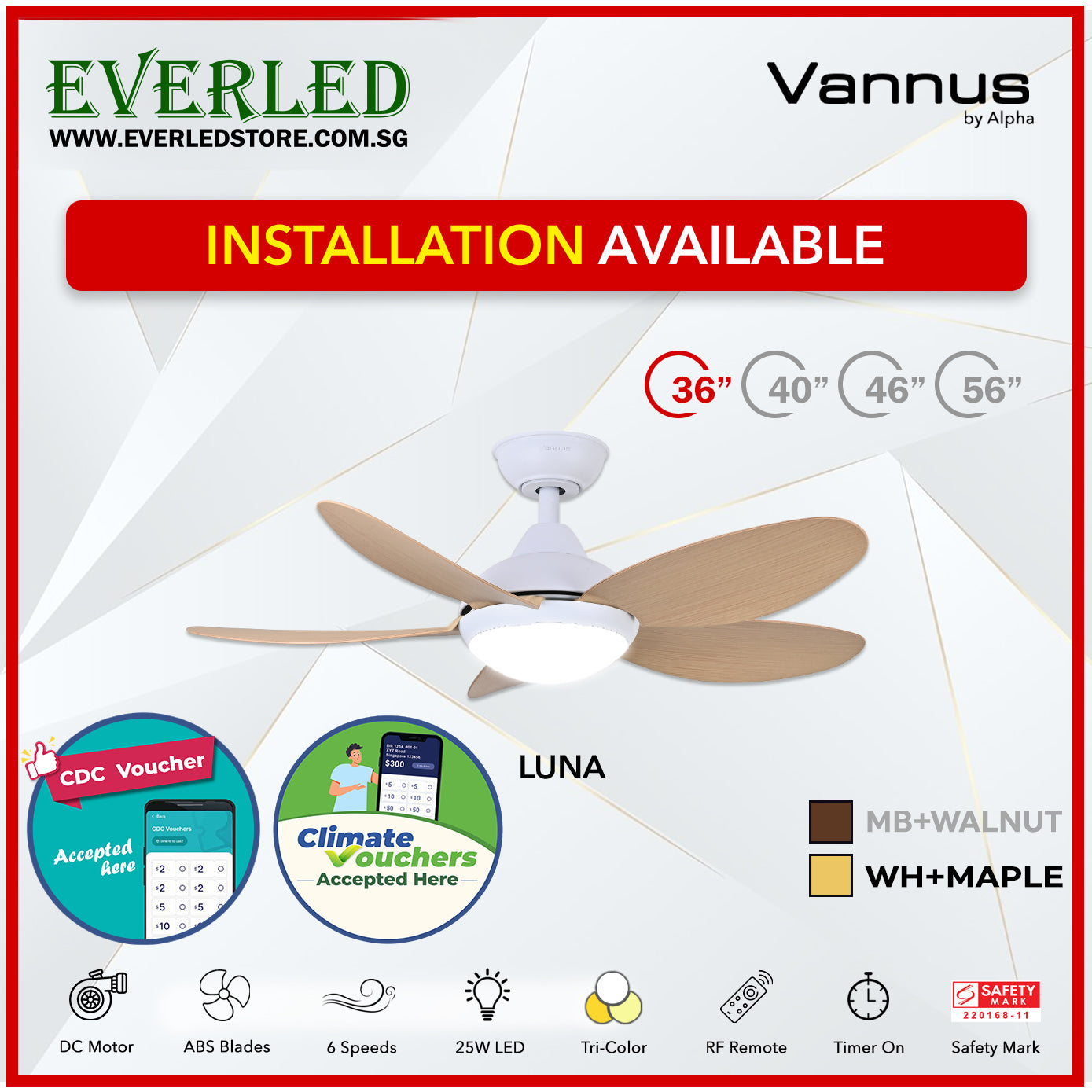 *STANDARD INSTALLATION* Alpha Fan DC Luna 36"/40"/ 46"/56" with Tri-colour LED (Inverter DC fan) *CDC & Climate Voucher Accpeted In Showroom*