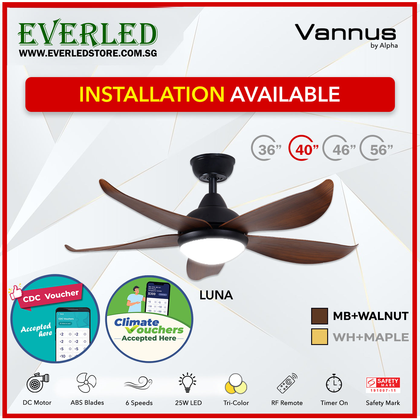 *STANDARD INSTALLATION* Alpha Fan DC Luna 36"/40"/ 46"/56" with Tri-colour LED (Inverter DC fan) *CDC & Climate Voucher Accpeted In Showroom*
