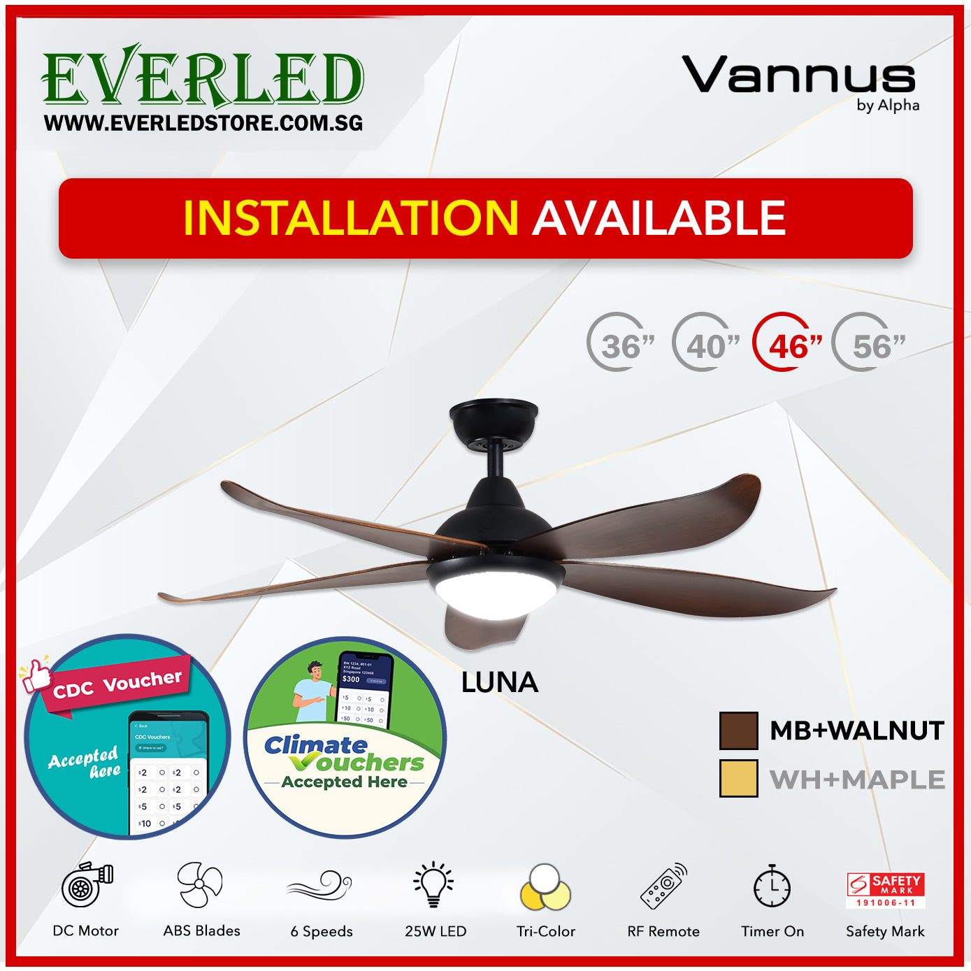 *STANDARD INSTALLATION* Alpha Fan DC Luna 36"/40"/ 46"/56" with Tri-colour LED (Inverter DC fan) *CDC & Climate Voucher Accpeted In Showroom*