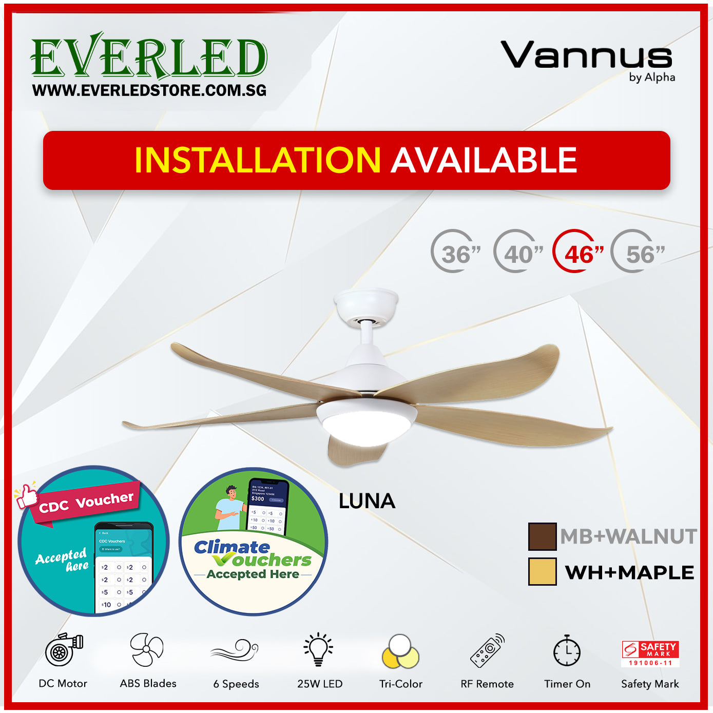 *STANDARD INSTALLATION* Alpha Fan DC Luna 36"/40"/ 46"/56" with Tri-colour LED (Inverter DC fan) *CDC & Climate Voucher Accpeted In Showroom*