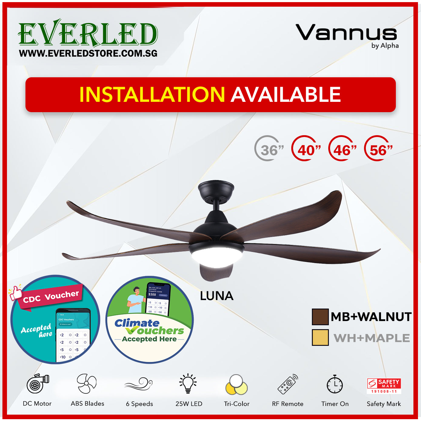*STANDARD INSTALLATION* Alpha Fan DC Luna 36"/40"/ 46"/56" with Tri-colour LED (Inverter DC fan) *CDC & Climate Voucher Accpeted In Showroom*