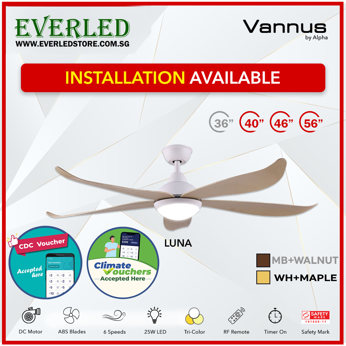 *STANDARD INSTALLATION* Alpha Fan DC Luna 36"/40"/ 46"/56" with Tri-colour LED (Inverter DC fan) *CDC & Climate Voucher Accpeted In Showroom*