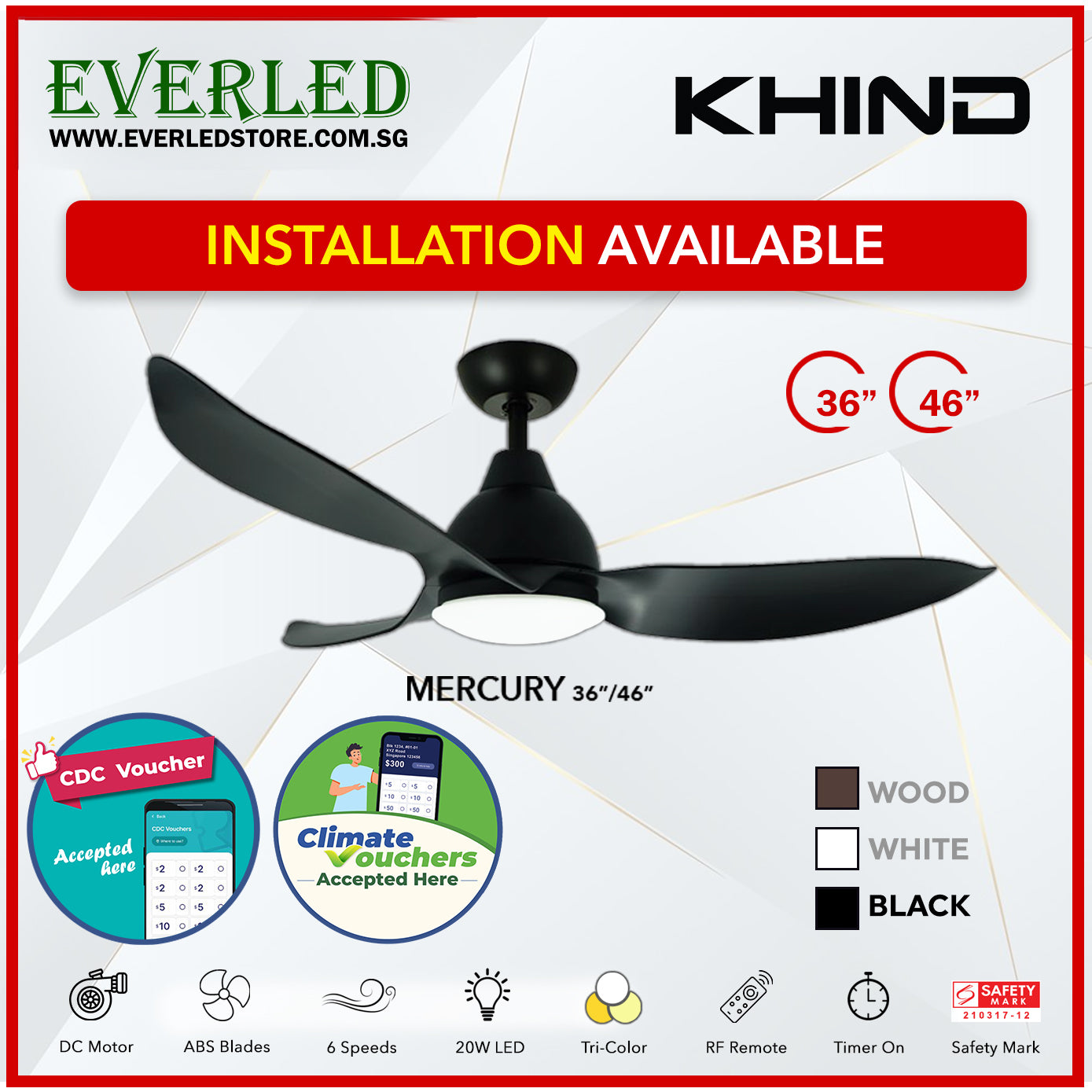 *STANDARD INSTALLATION* Khind DC Mercury 36"/46" with Tri-color LED (Inverter DC Fan) *CDC & Climate Voucher Accepted In Showroom*