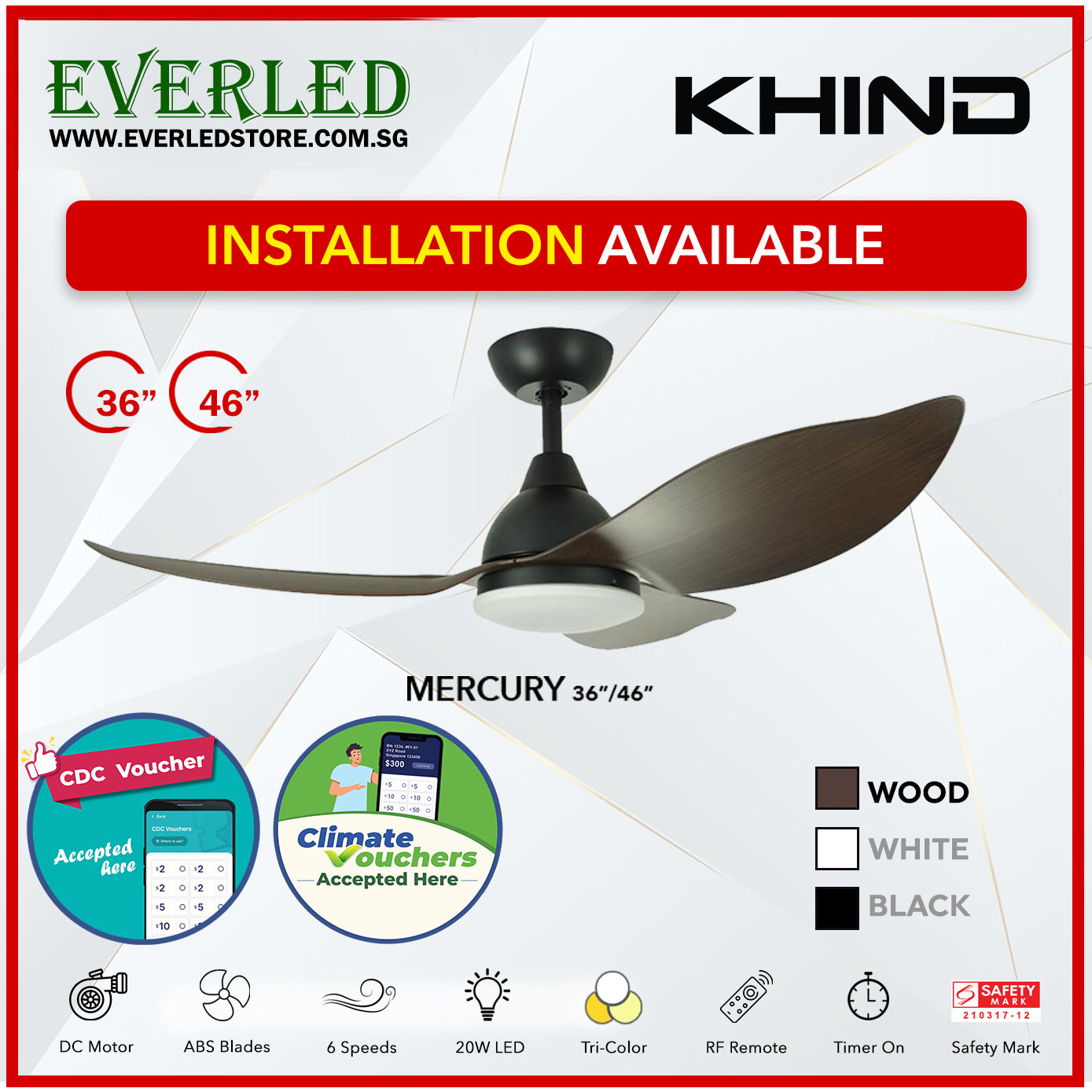 *STANDARD INSTALLATION* Khind DC Mercury 36"/46" with Tri-color LED (Inverter DC Fan) *CDC & Climate Voucher Accepted In Showroom*