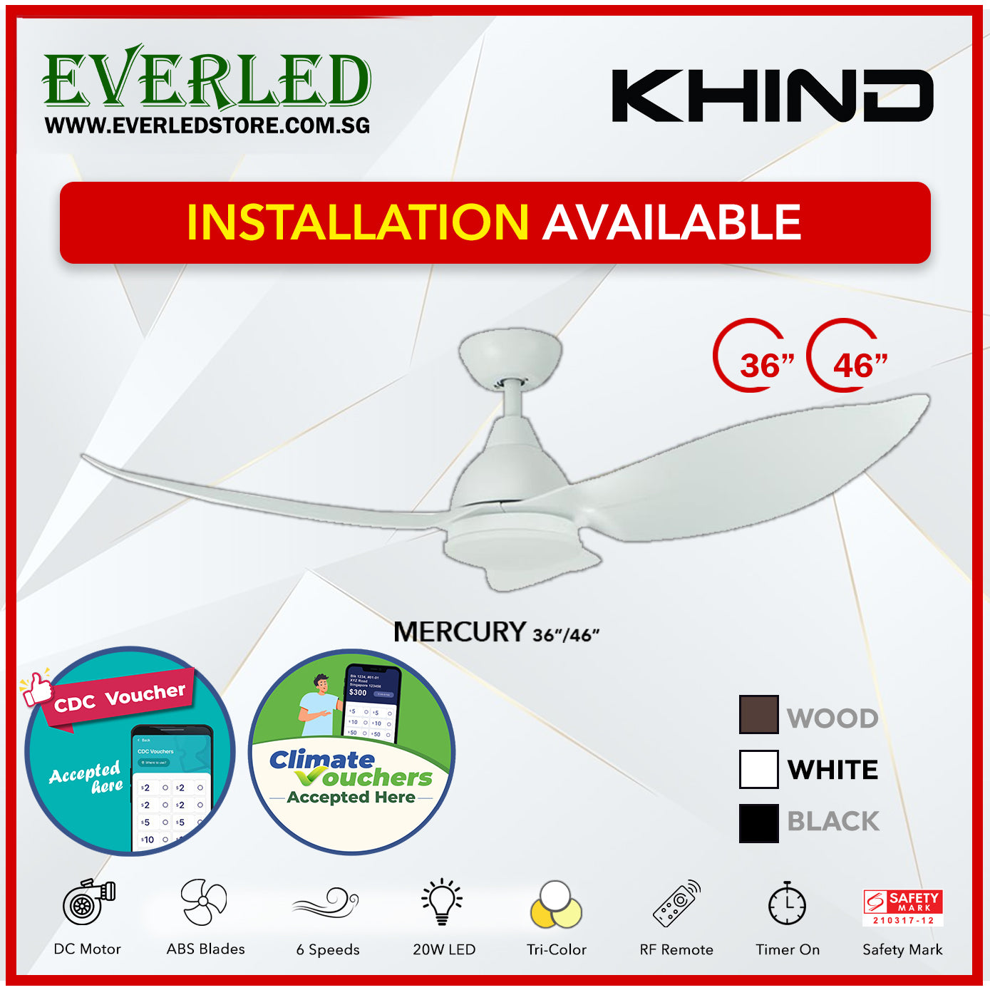 *STANDARD INSTALLATION* Khind DC Mercury 36"/46" with Tri-color LED (Inverter DC Fan) *CDC & Climate Voucher Accepted In Showroom*