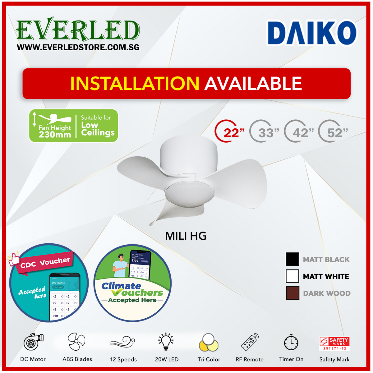 *STANDARD INSTALLATION* Alpha DC Mili (HG-HUGGER) with Tri-colour LED (Inverter DC fan) *CDC & Climate Voucher Accepted In Showroom*