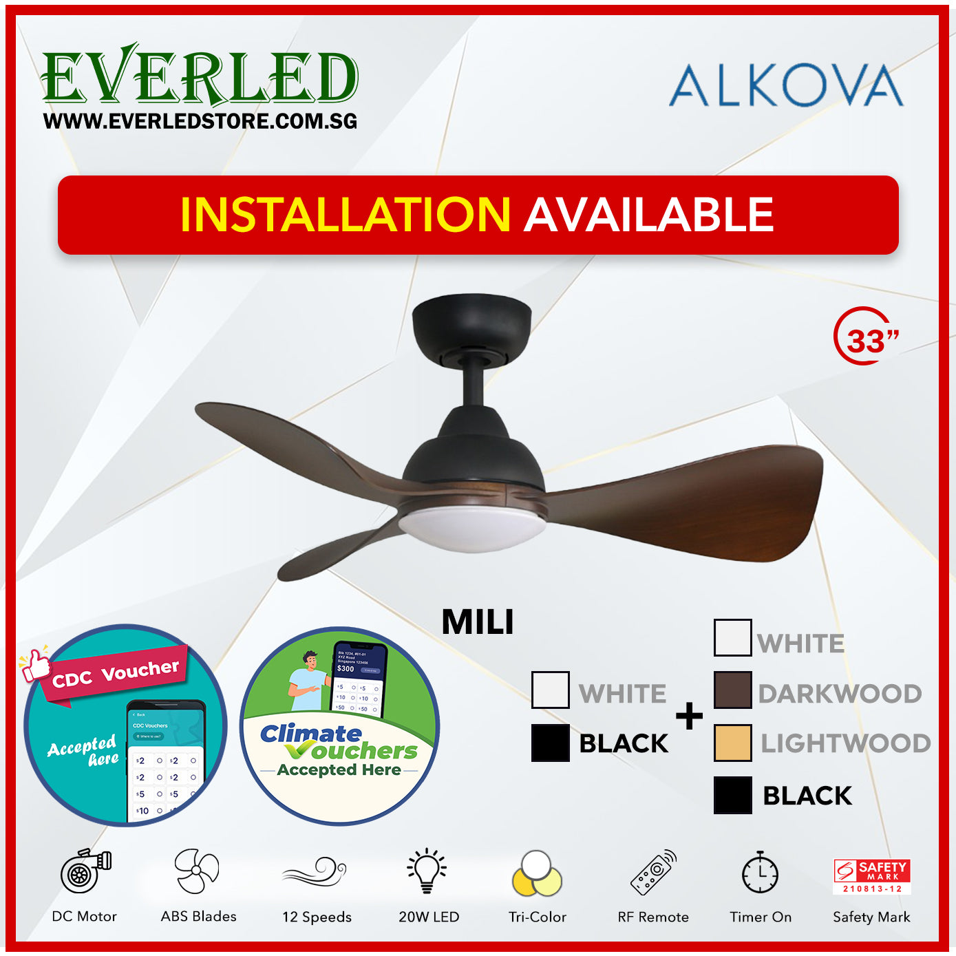 *STANDARD INSTALLATION* Alpha DC Mili 33" with Tri-colour LED (Inverter DC fan) *CDC & Climate Voucher Accepted In Showroom*