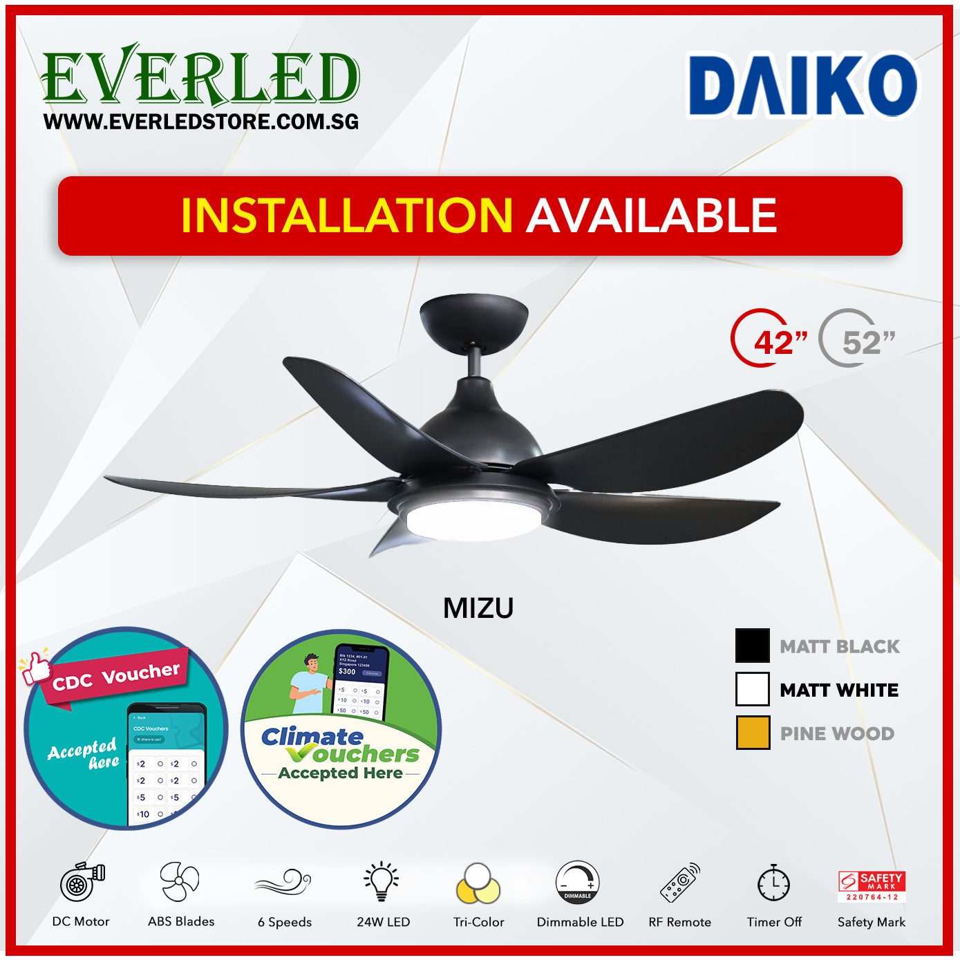 *FREE STANDARD INSTALLATION* Daiko DC Mizu 42"/52" with Dimmable Tri-color LED (Inverter DC Fan) *CDC & Climate Voucher Accepted In Showroom*
