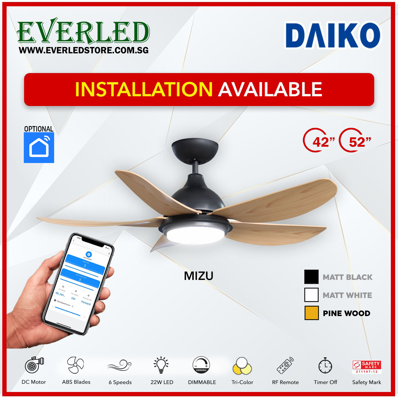 *FREE STANDARD INSTALLATION* Daiko DC Mizu 42"/52" with Dimmable Tri-color LED (Inverter DC Fan) *CDC & Climate Voucher Accepted In Showroom*
