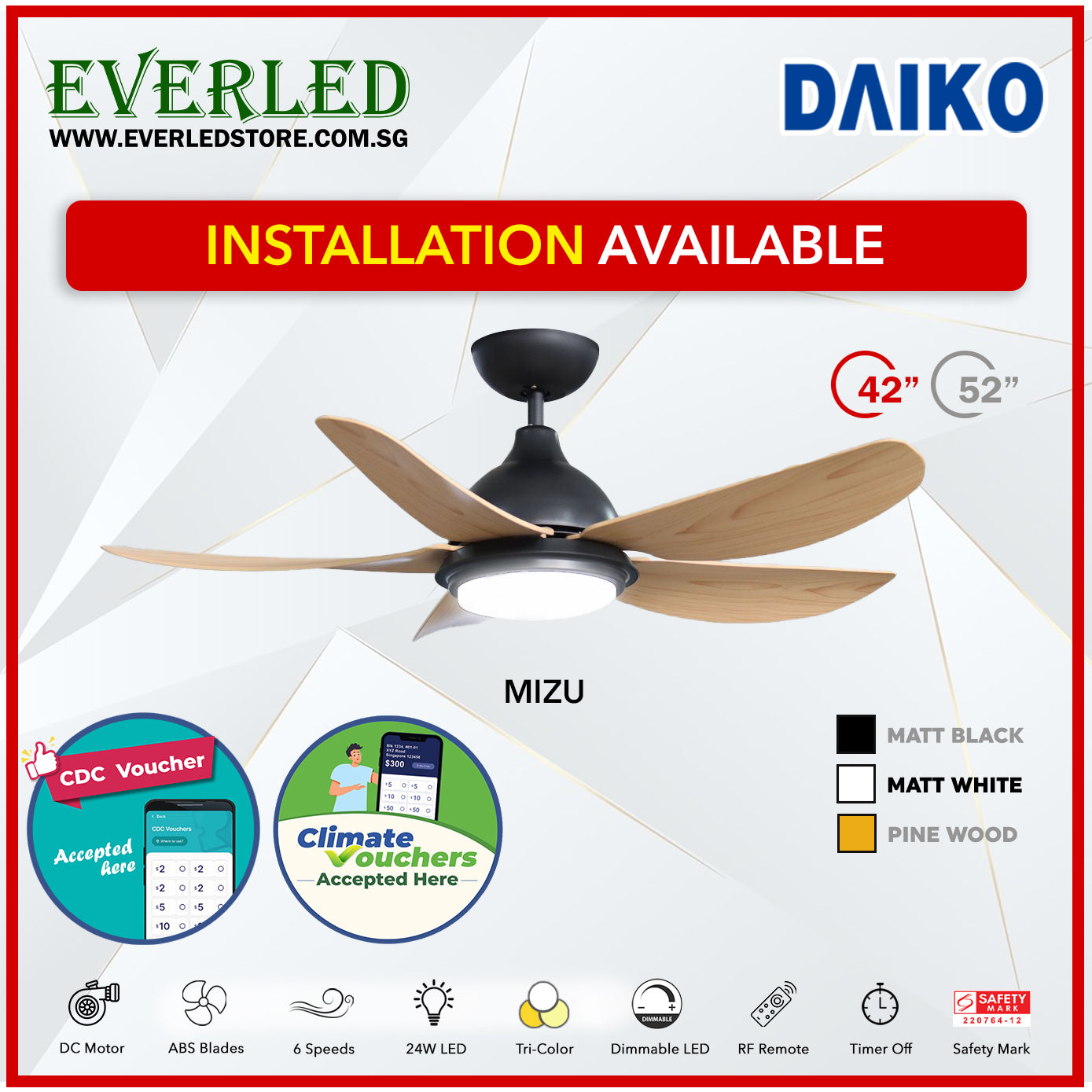 *FREE STANDARD INSTALLATION* Daiko DC Mizu 42"/52" with Dimmable Tri-color LED (Inverter DC Fan) *CDC & Climate Voucher Accepted In Showroom*