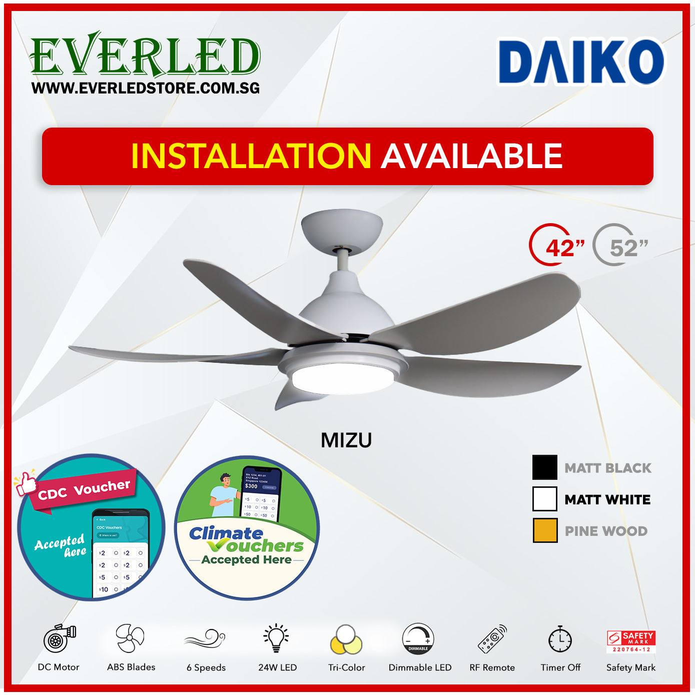 *FREE STANDARD INSTALLATION* Daiko DC Mizu 42"/52" with Dimmable Tri-color LED (Inverter DC Fan) *CDC & Climate Voucher Accepted In Showroom*