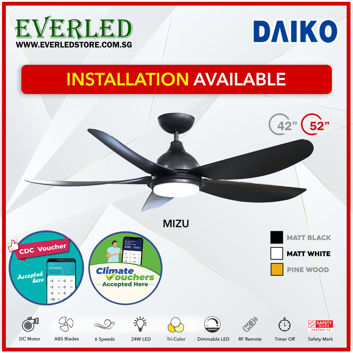 *FREE STANDARD INSTALLATION* Daiko DC Mizu 42"/52" with Dimmable Tri-color LED (Inverter DC Fan) *CDC & Climate Voucher Accepted In Showroom*