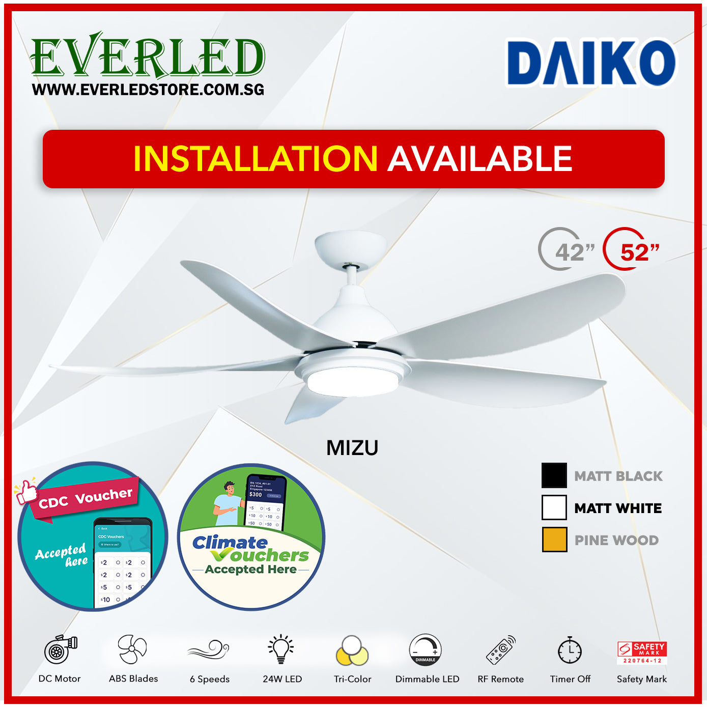 *FREE STANDARD INSTALLATION* Daiko DC Mizu 42"/52" with Dimmable Tri-color LED (Inverter DC Fan) *CDC & Climate Voucher Accepted In Showroom*