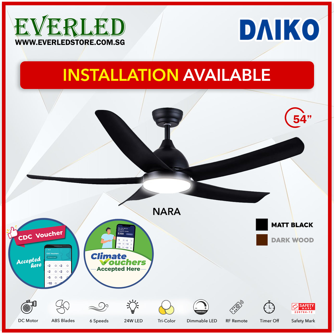 *STANDARD INSTALLATION* Daiko DC Nara 54" with Tri-color LED (Inverter DC Fan) *CDC & Climate Voucher Accepted In Showroom*