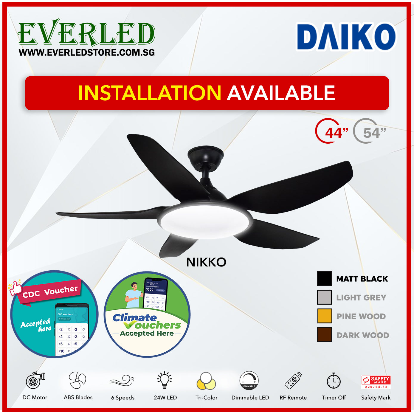 *FREE STANDARD INSTALLATION* Daiko DC Nikko5 44"  with Tri-color LED (Inverter DC Fan) *CDC & Climate Voucher Accepted In Showroom*