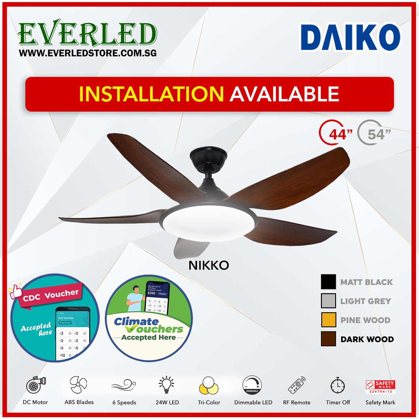 *FREE STANDARD INSTALLATION* Daiko DC Nikko5 44"  with Tri-color LED (Inverter DC Fan) *CDC & Climate Voucher Accepted In Showroom*